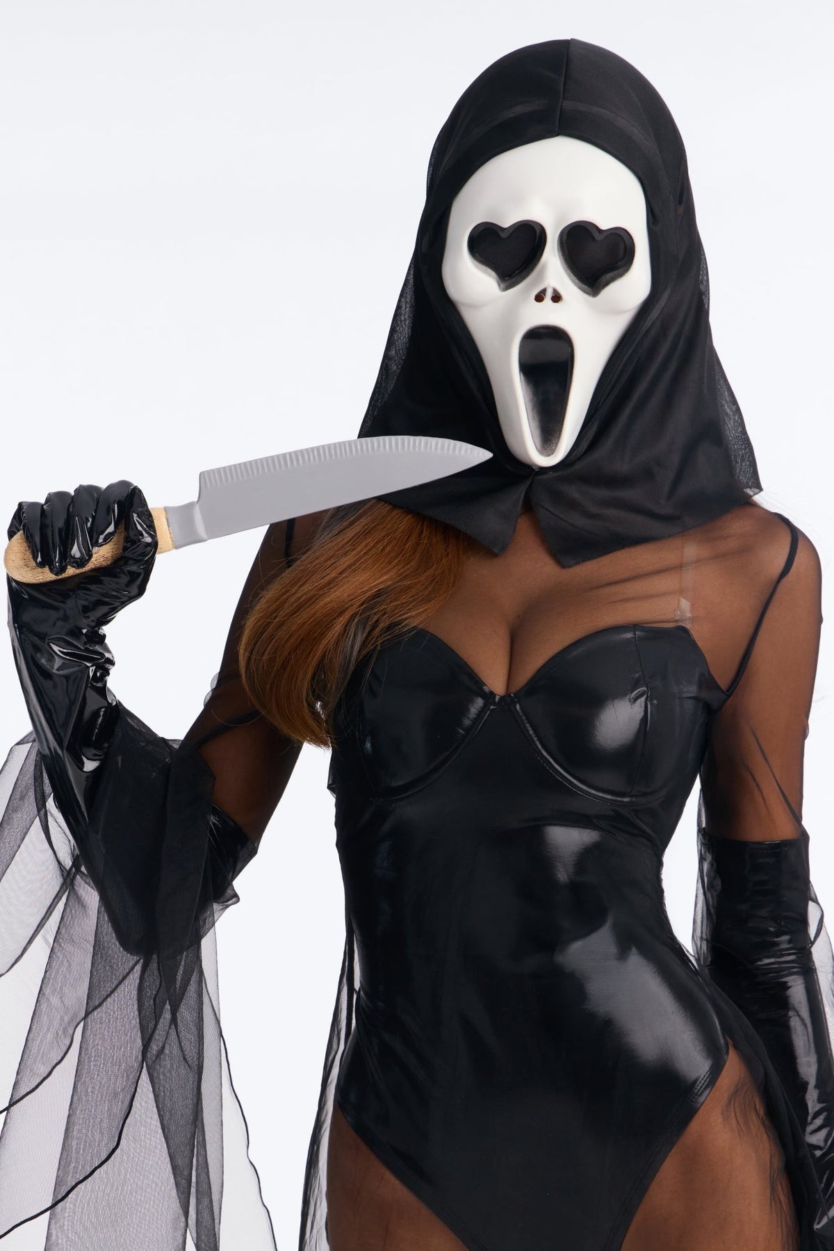 Five Piece Horror Costume Set with Bodysuit and Sheer Dress, Mask and Hood
