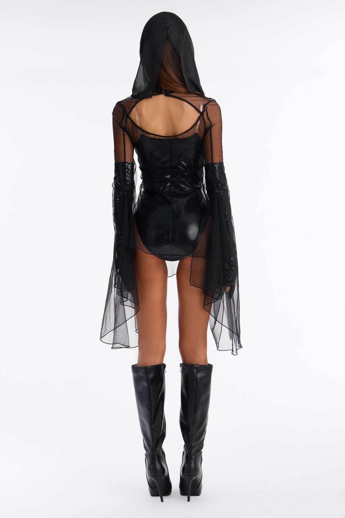 Five Piece Horror Costume Set with Bodysuit and Sheer Dress, Mask and Hood