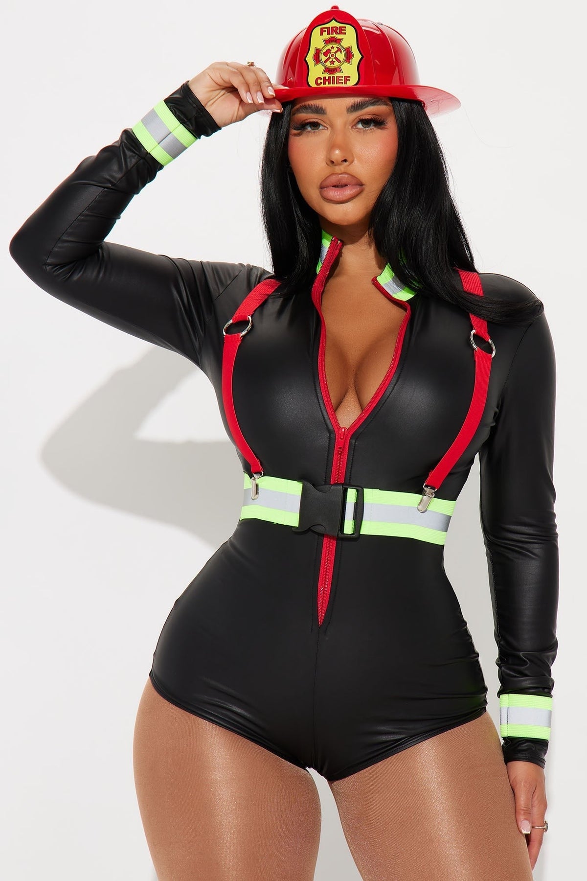 Firefighter Costume Set with Neon Yellow Reflective Tape and Hard Hat