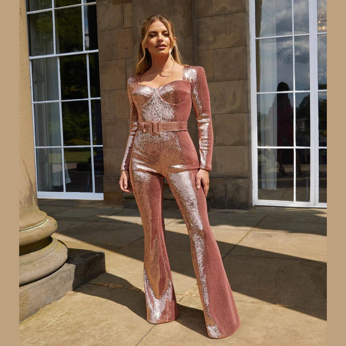 Sparkly Sequin Long Sleeve Evening Jumpsuit with Sheer Geometric Detailing