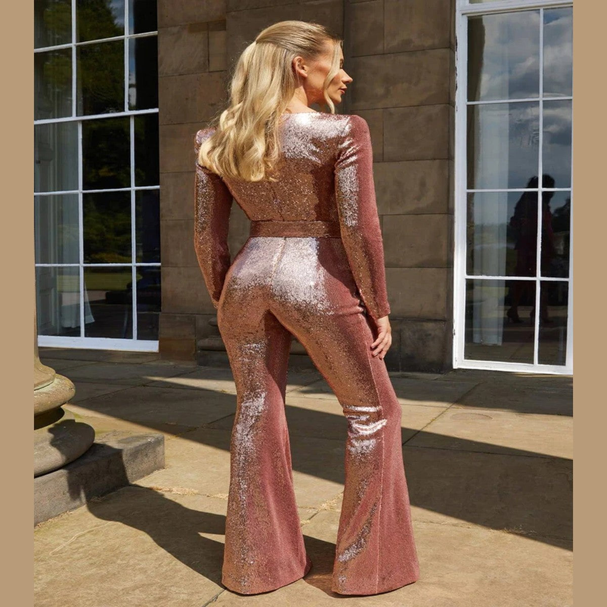 Sparkly Sequin Long Sleeve Evening Jumpsuit with Sheer Geometric Detailing