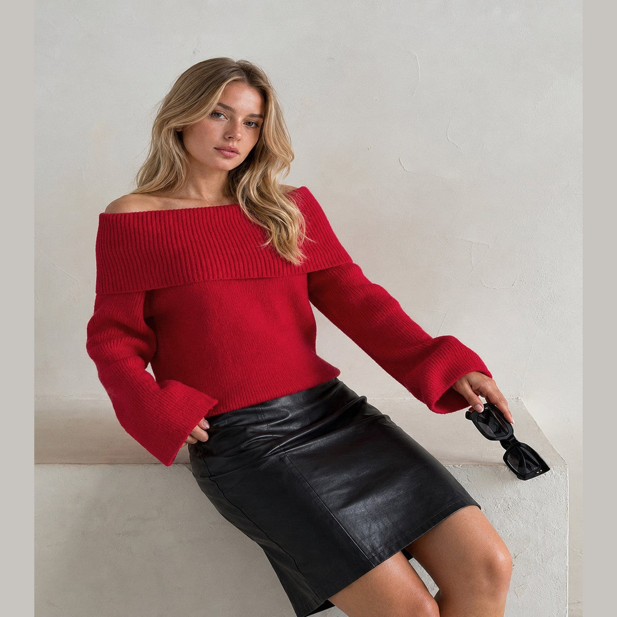 Red Long Sleeve Knit Pullover Sweater with Fold Over Bardot Neckline
