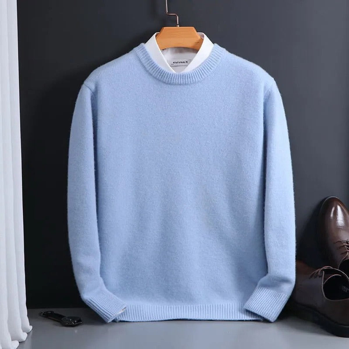 Men Crewneck Cashmere Pullover Sweater with Ribbed Cuffs and Hem