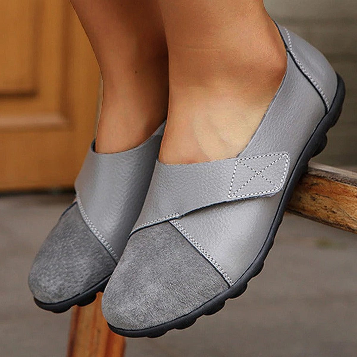Womens Slip on Leather Loafers with Flexible Non Slip Rubber Soles