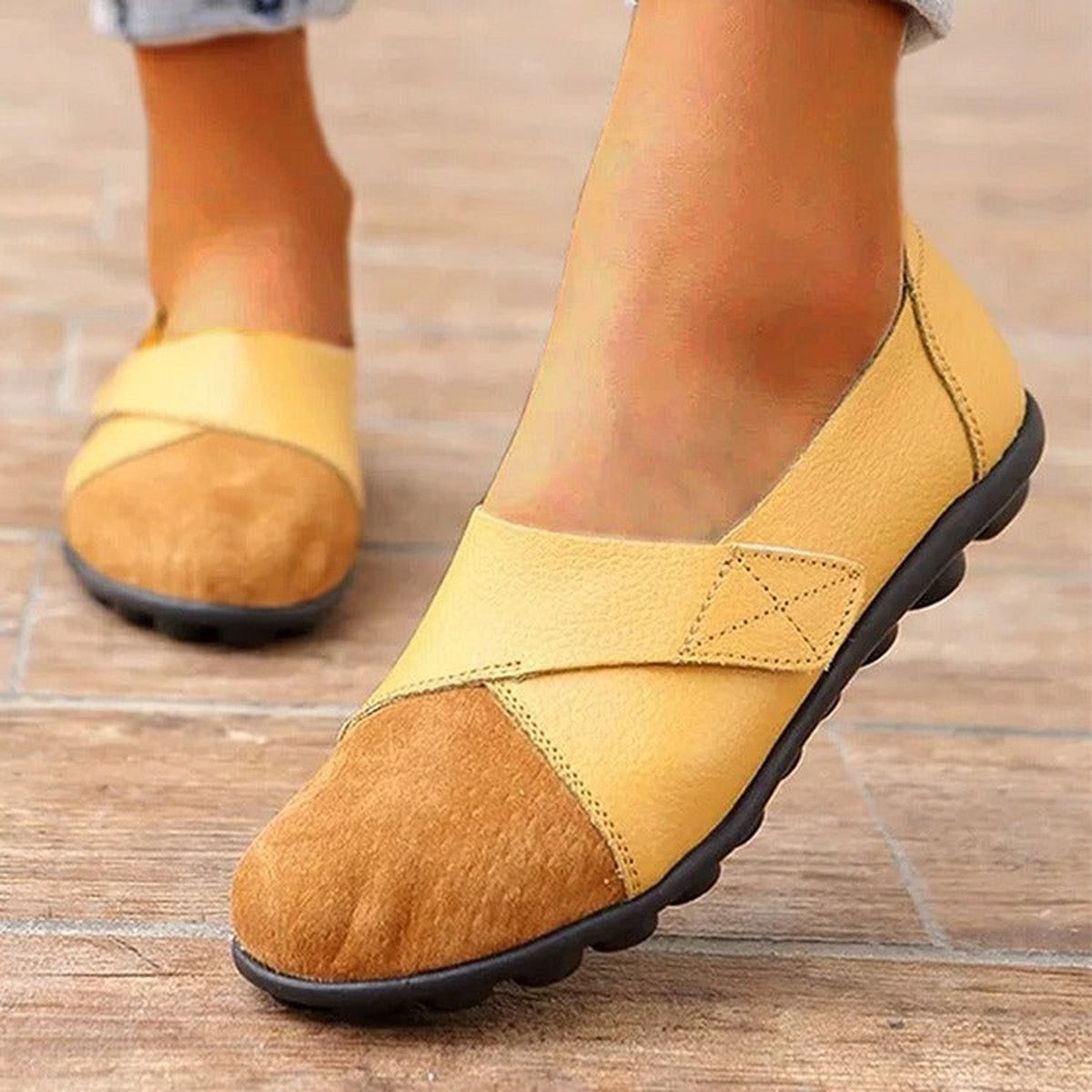 Womens Slip on Leather Loafers with Flexible Non Slip Rubber Soles