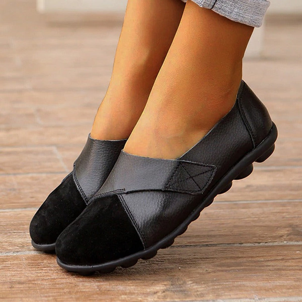 Womens Slip on Leather Loafers with Flexible Non Slip Rubber Soles