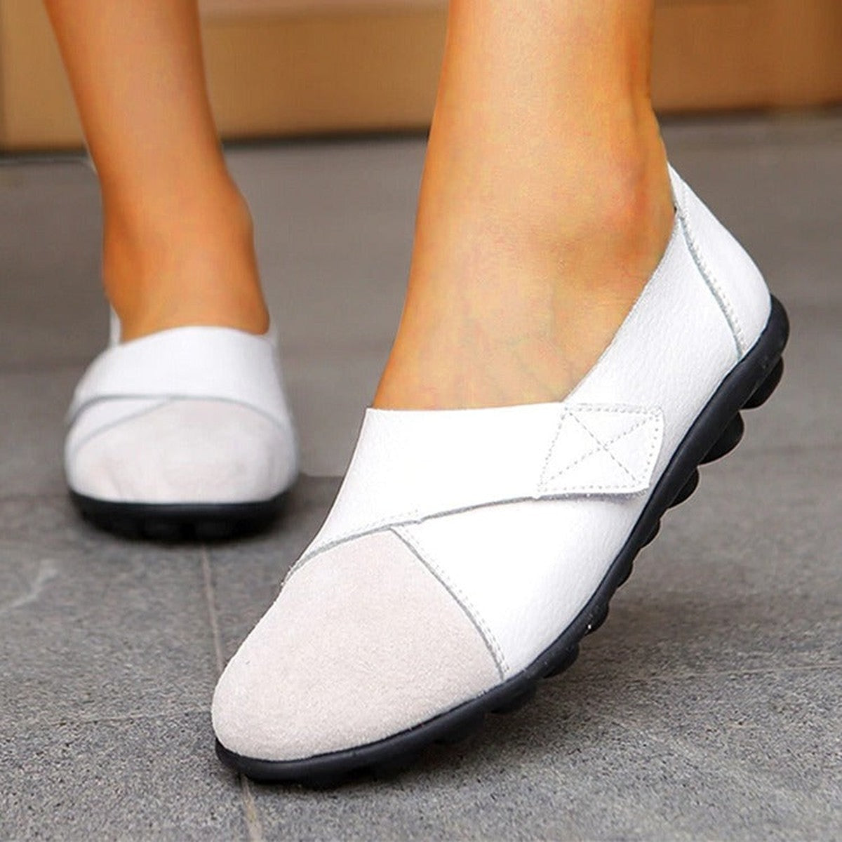Womens Slip on Leather Loafers with Flexible Non Slip Rubber Soles