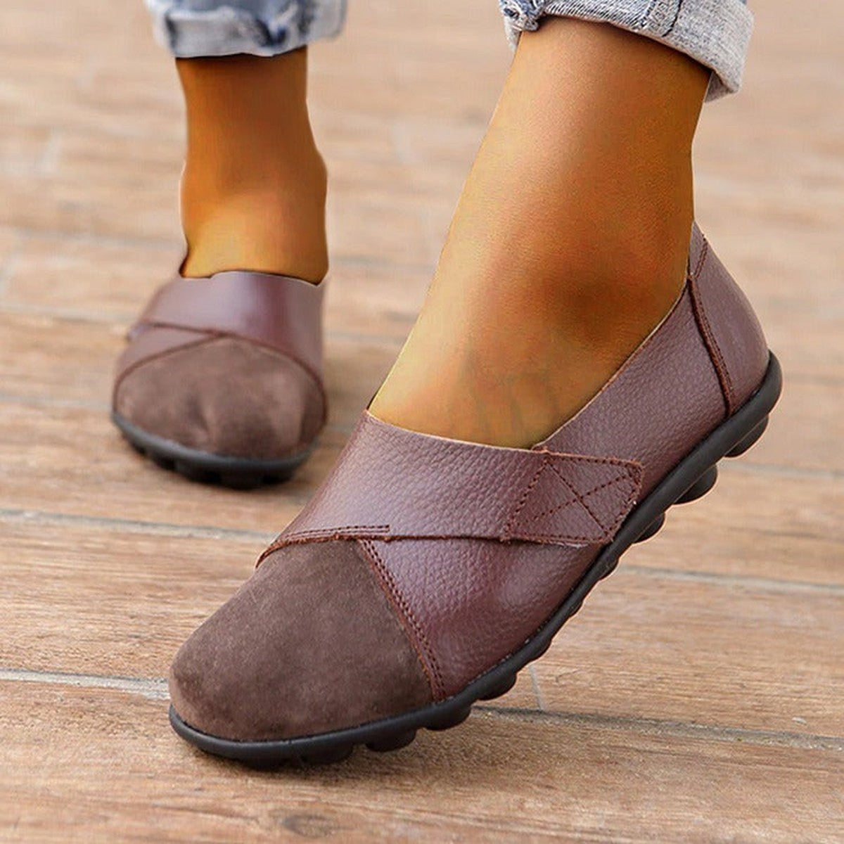 Womens Slip on Leather Loafers with Flexible Non Slip Rubber Soles