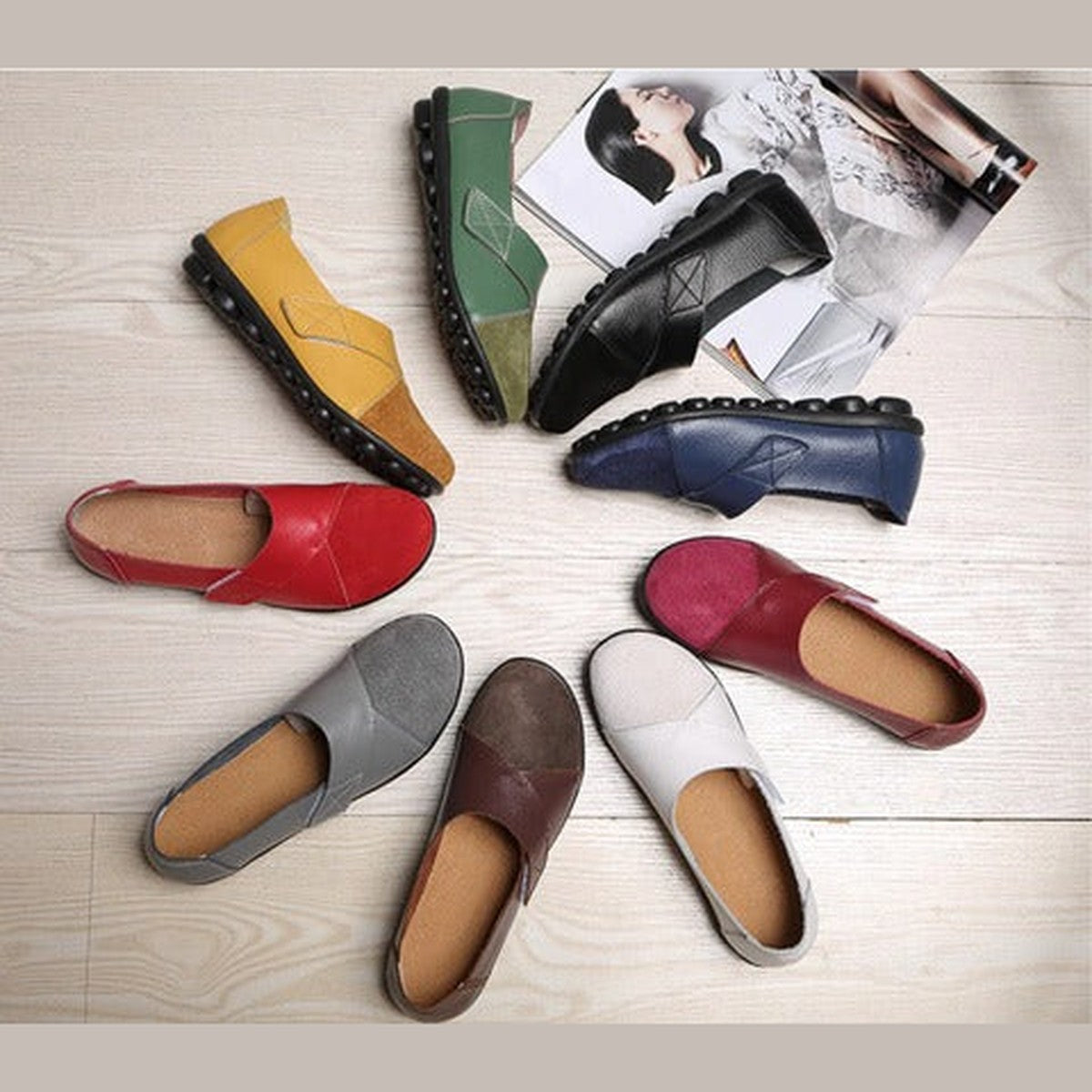 Womens Slip on Leather Loafers with Flexible Non Slip Rubber Soles