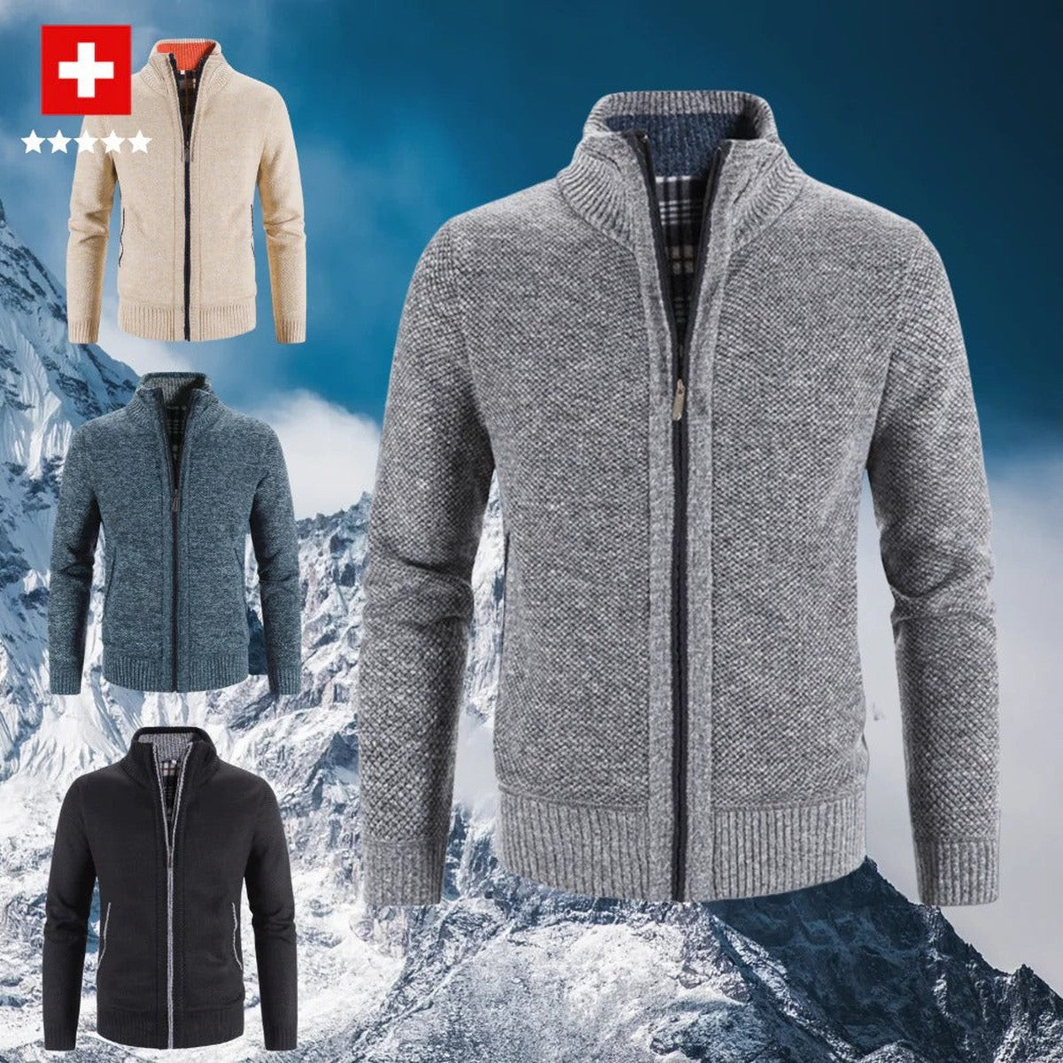Men Cable Knit Cardigan Sweater with Button Front and Shawl Collar