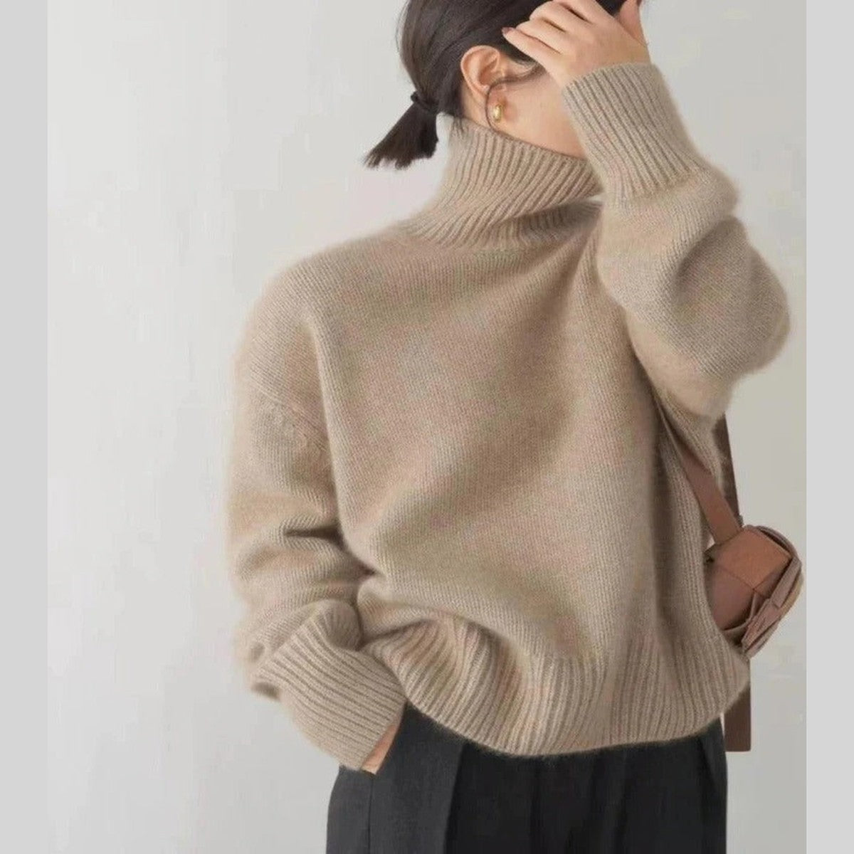Merino Wool Knit Pullover Sweater with Fold Over High Collar