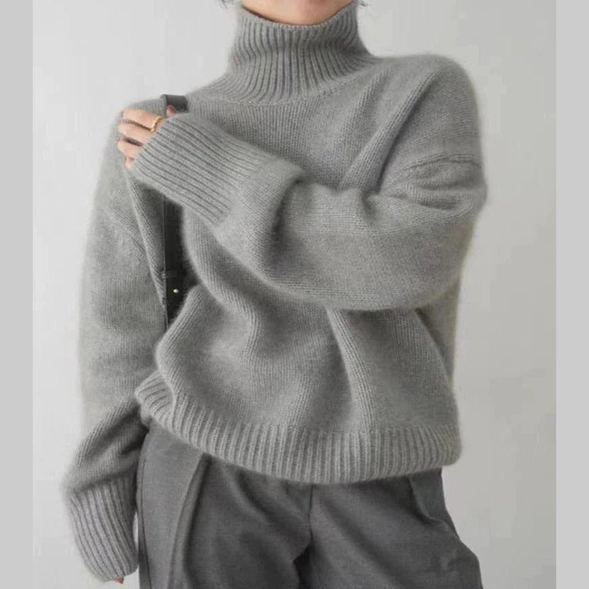 Merino Wool Knit Pullover Sweater with Fold Over High Collar