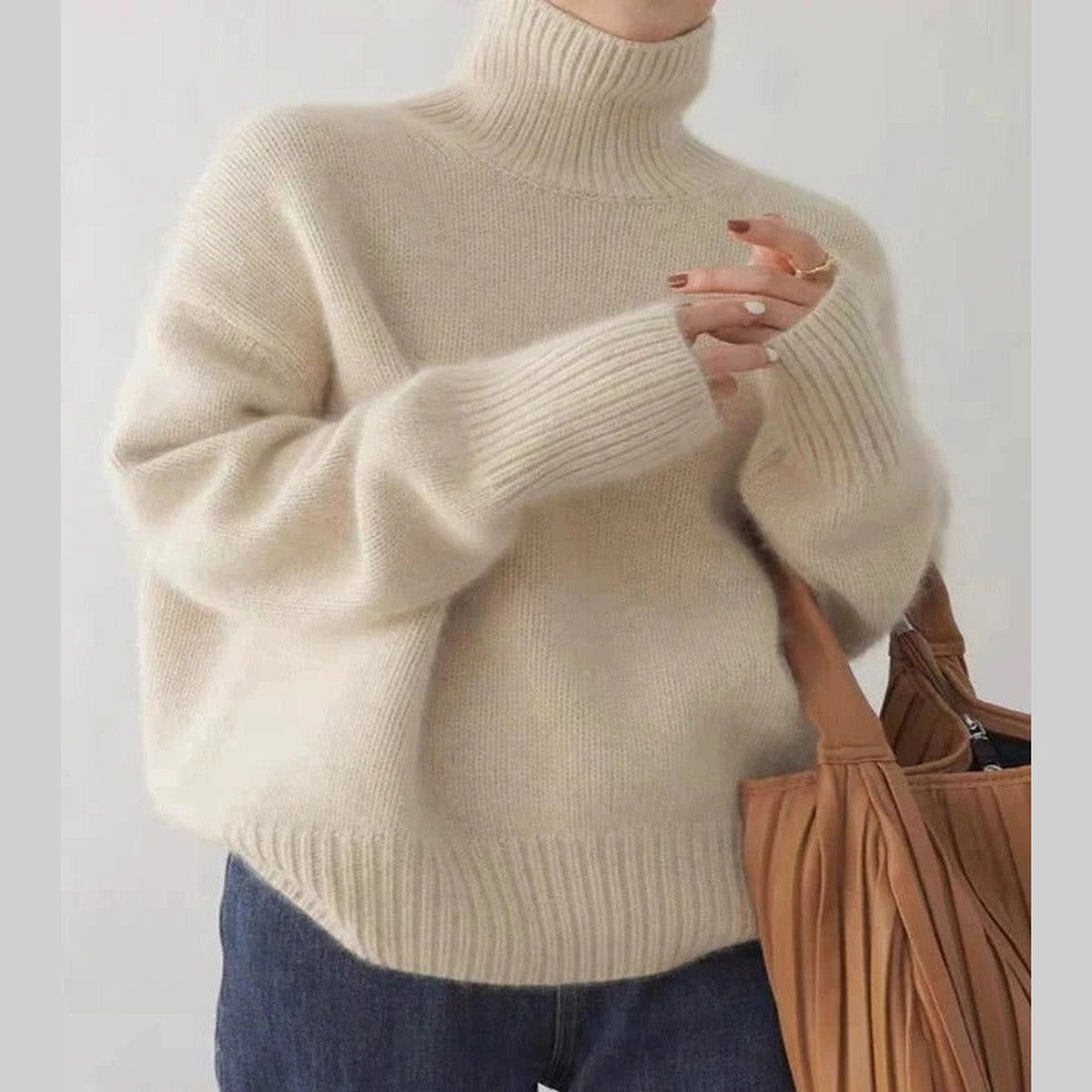 Merino Wool Knit Pullover Sweater with Fold Over High Collar