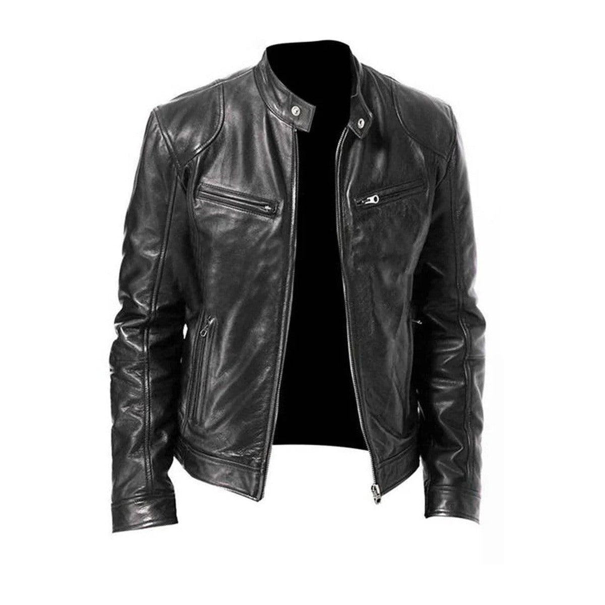 Faux Leather Motorcycle Biker Jacket with Stand Collar and Front Zipper