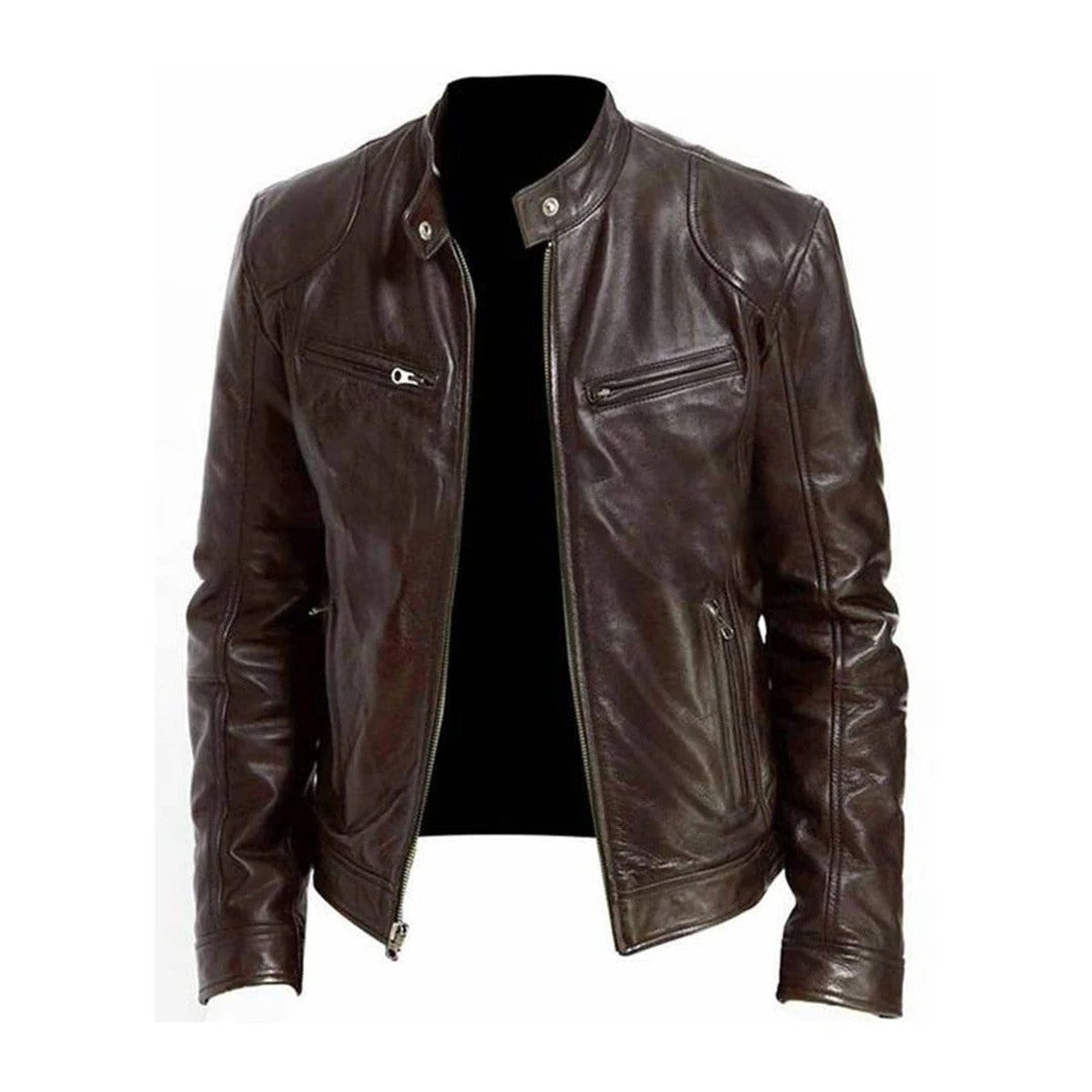 Faux Leather Motorcycle Biker Jacket with Stand Collar and Front Zipper