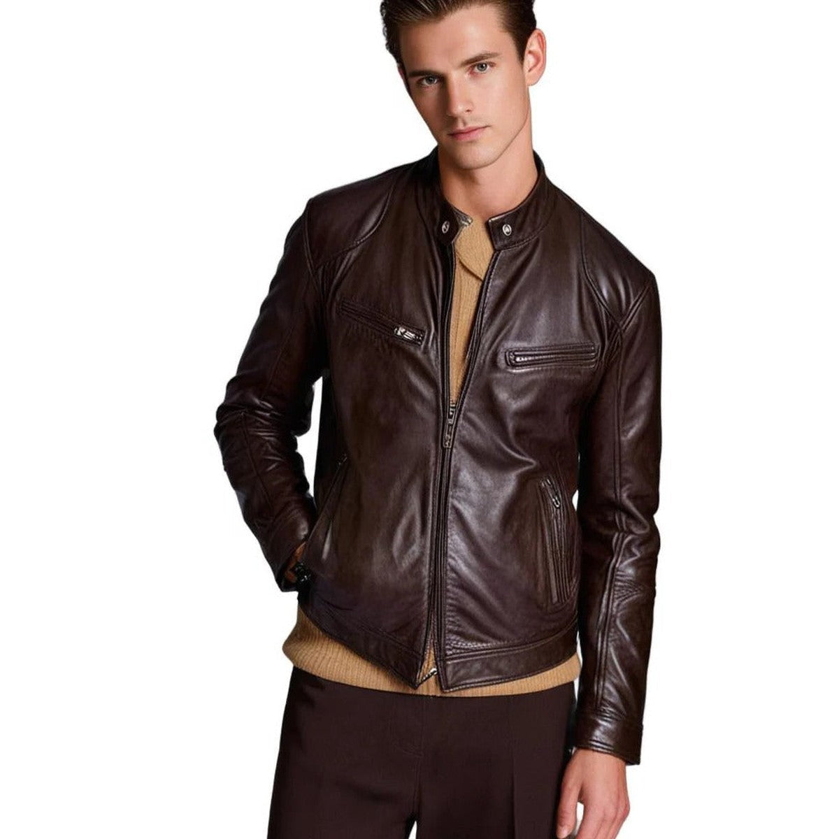 Faux Leather Motorcycle Biker Jacket with Stand Collar and Front Zipper