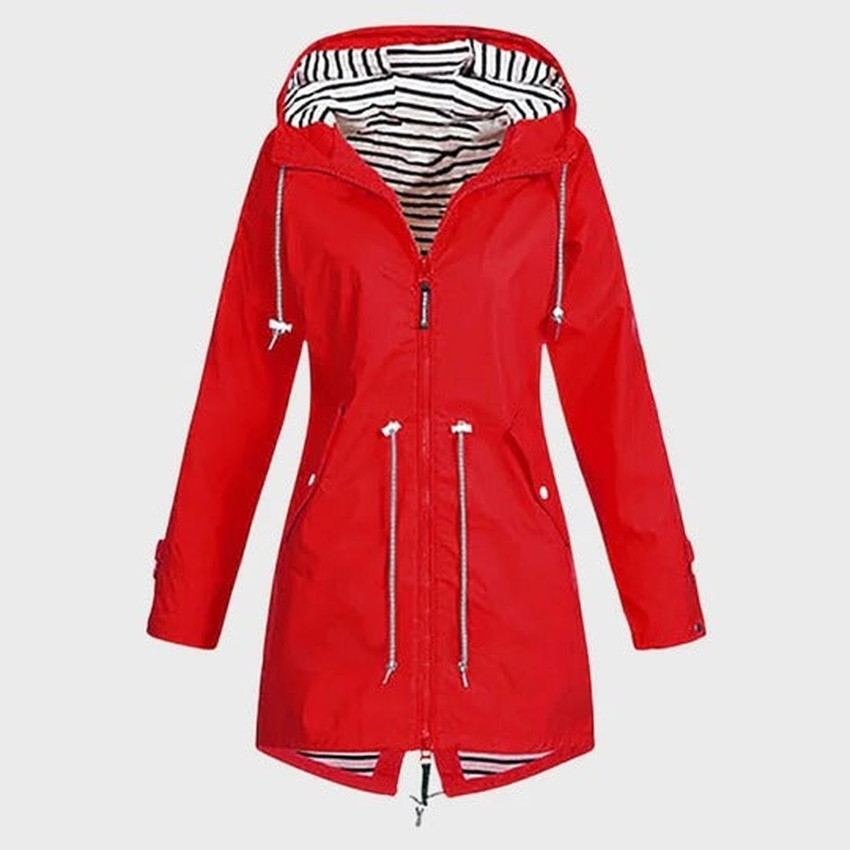 Women Long Waterproof Raincoat with Hood and Drawstring Waist Outdoor Rain Jacket