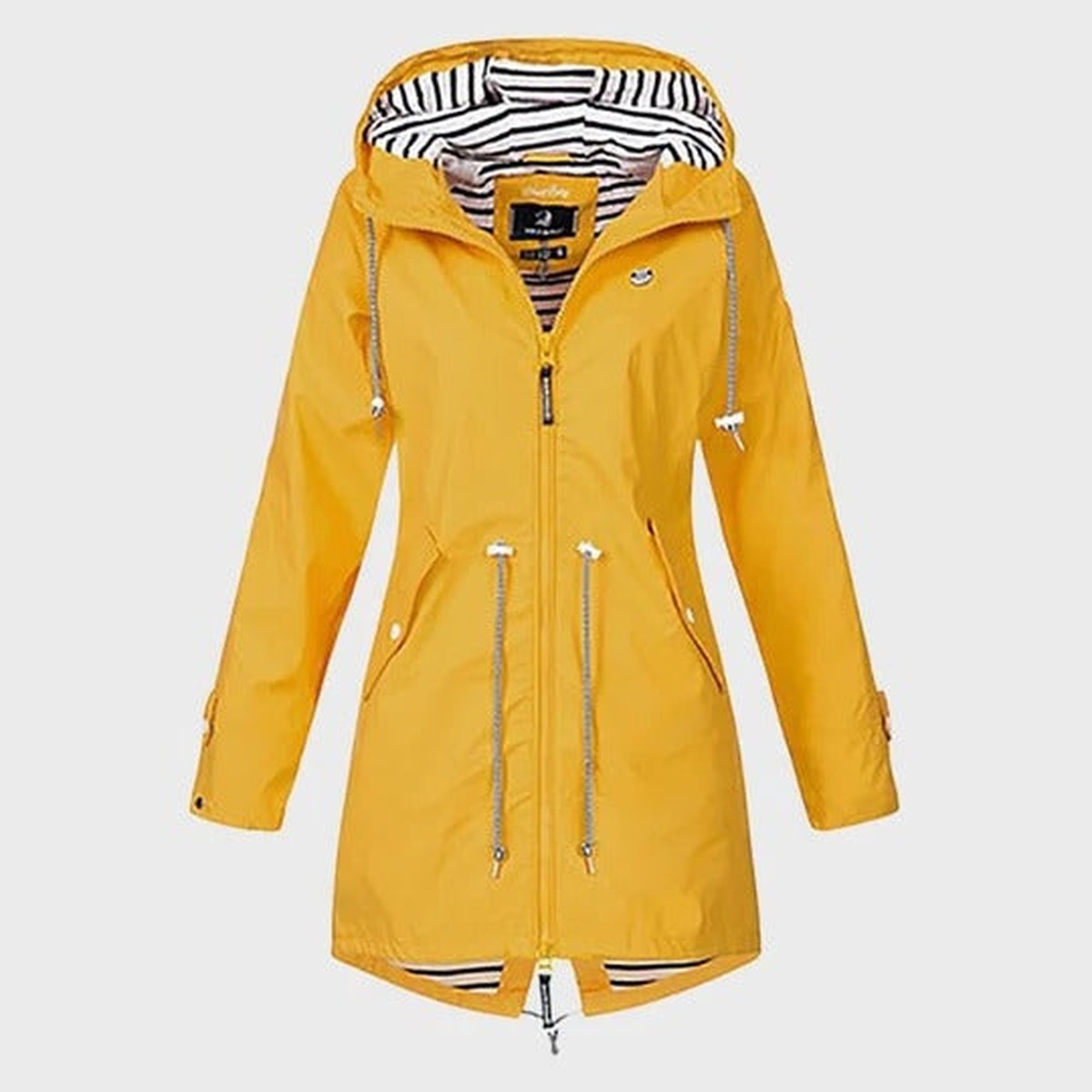 Women Long Waterproof Raincoat with Hood and Drawstring Waist Outdoor Rain Jacket