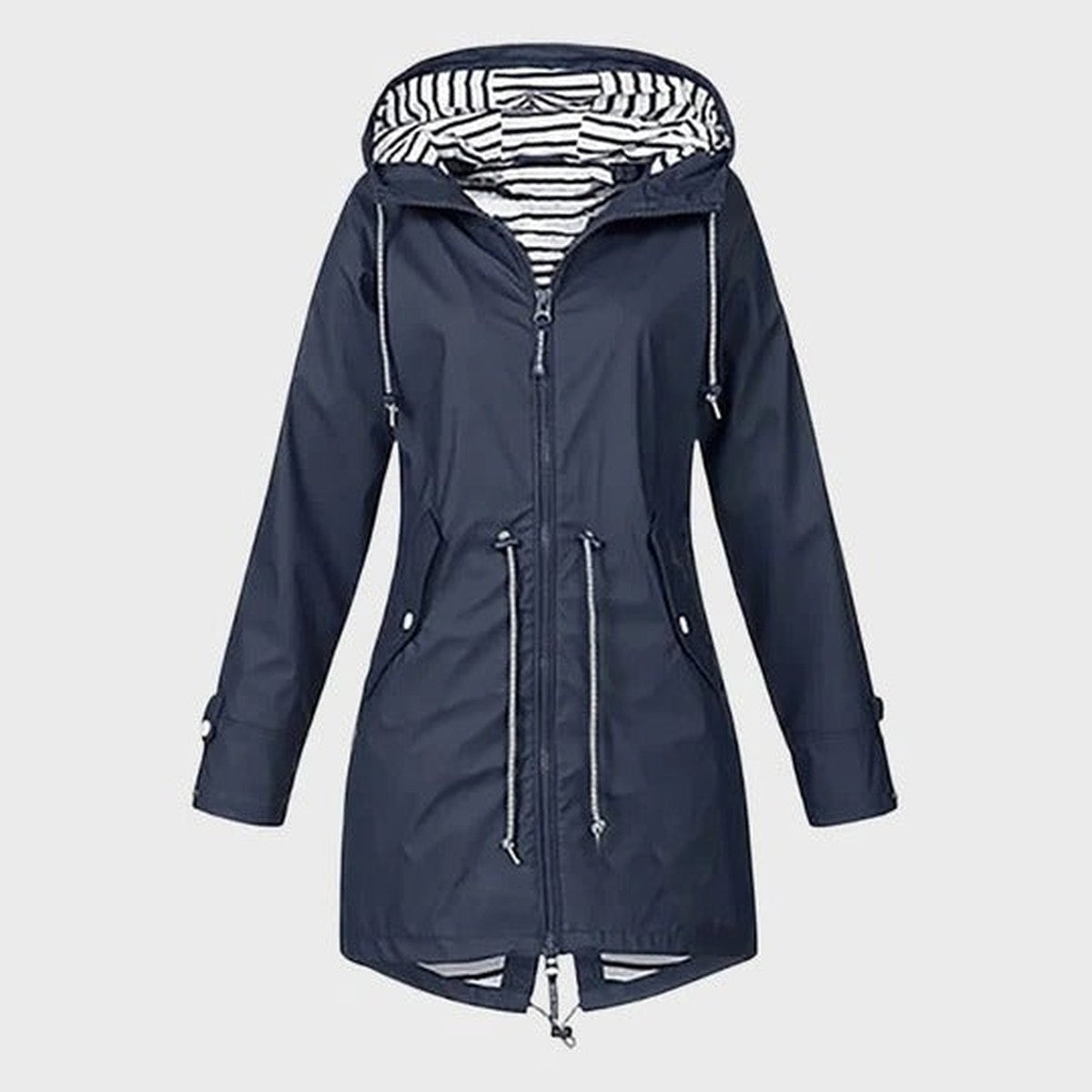 Women Long Waterproof Raincoat with Hood and Drawstring Waist Outdoor Rain Jacket