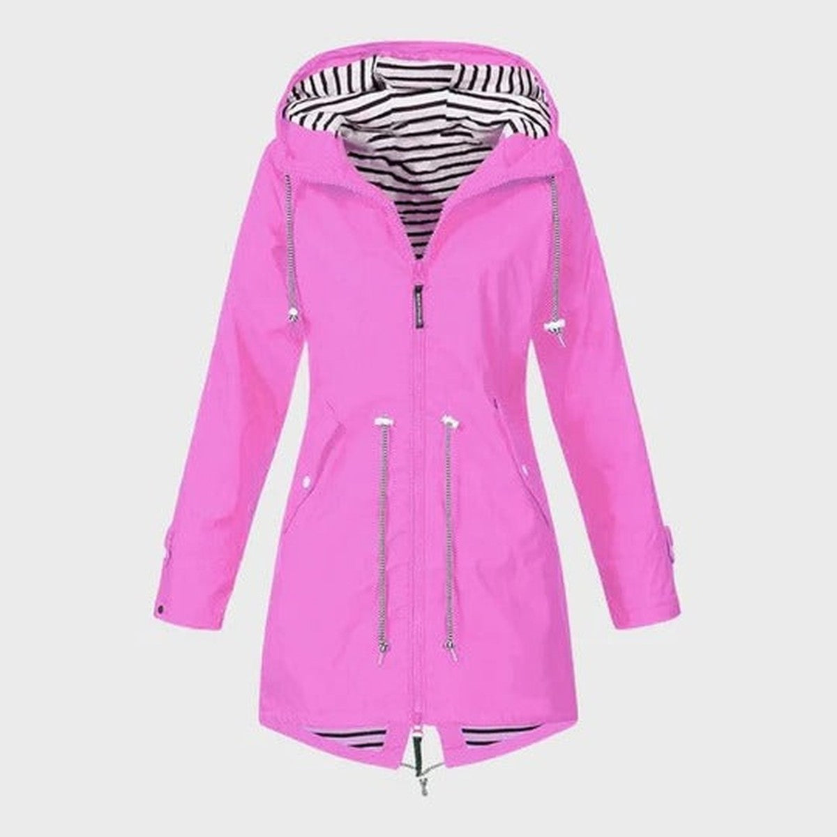 Women Long Waterproof Raincoat with Hood and Drawstring Waist Outdoor Rain Jacket
