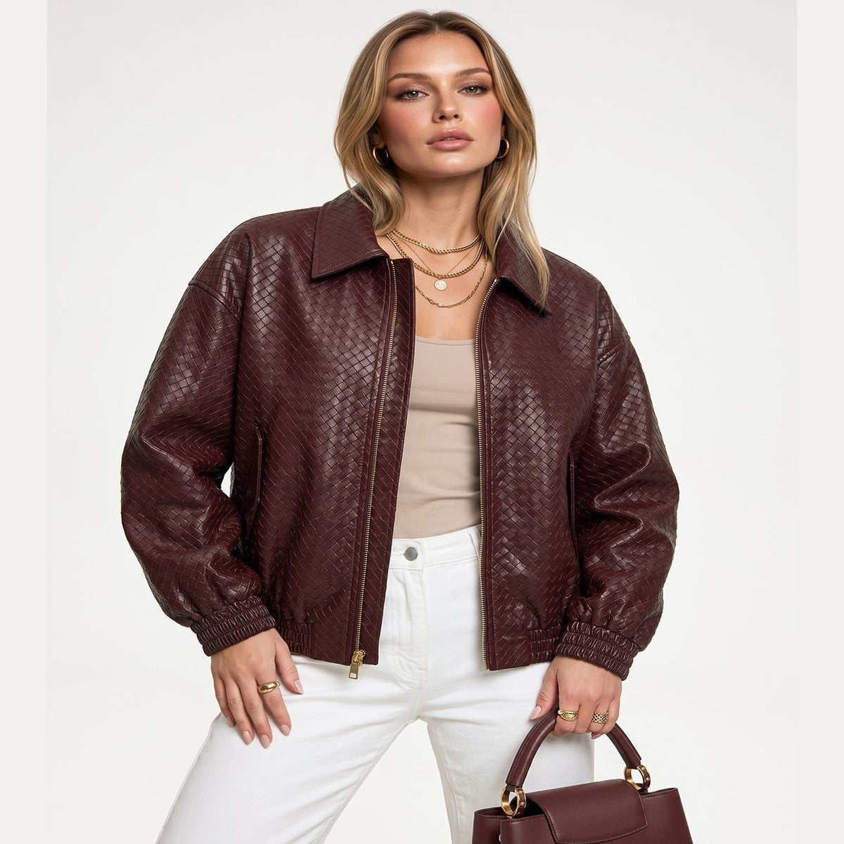 Burgundy Textured Faux Leather Bomber Jacket with Front Zipper and Ribbed Trim