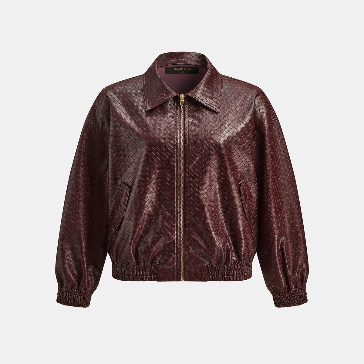 Burgundy Textured Faux Leather Bomber Jacket with Front Zipper and Ribbed Trim