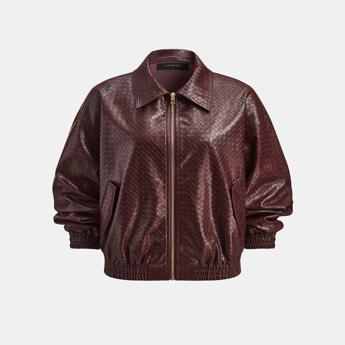Burgundy Textured Faux Leather Bomber Jacket with Front Zipper and Ribbed Trim