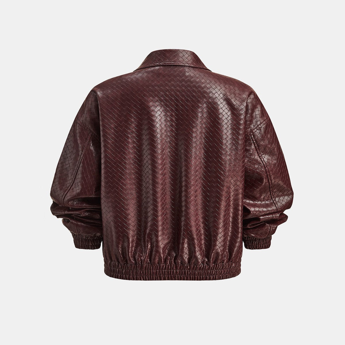 Burgundy Textured Faux Leather Bomber Jacket with Front Zipper and Ribbed Trim