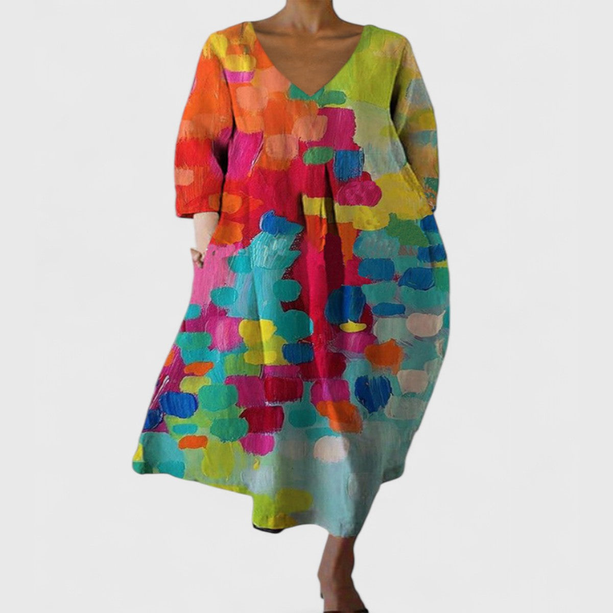 Long Sleeve Bohemian Maxi Dress with Floral Print and Deep V Neck