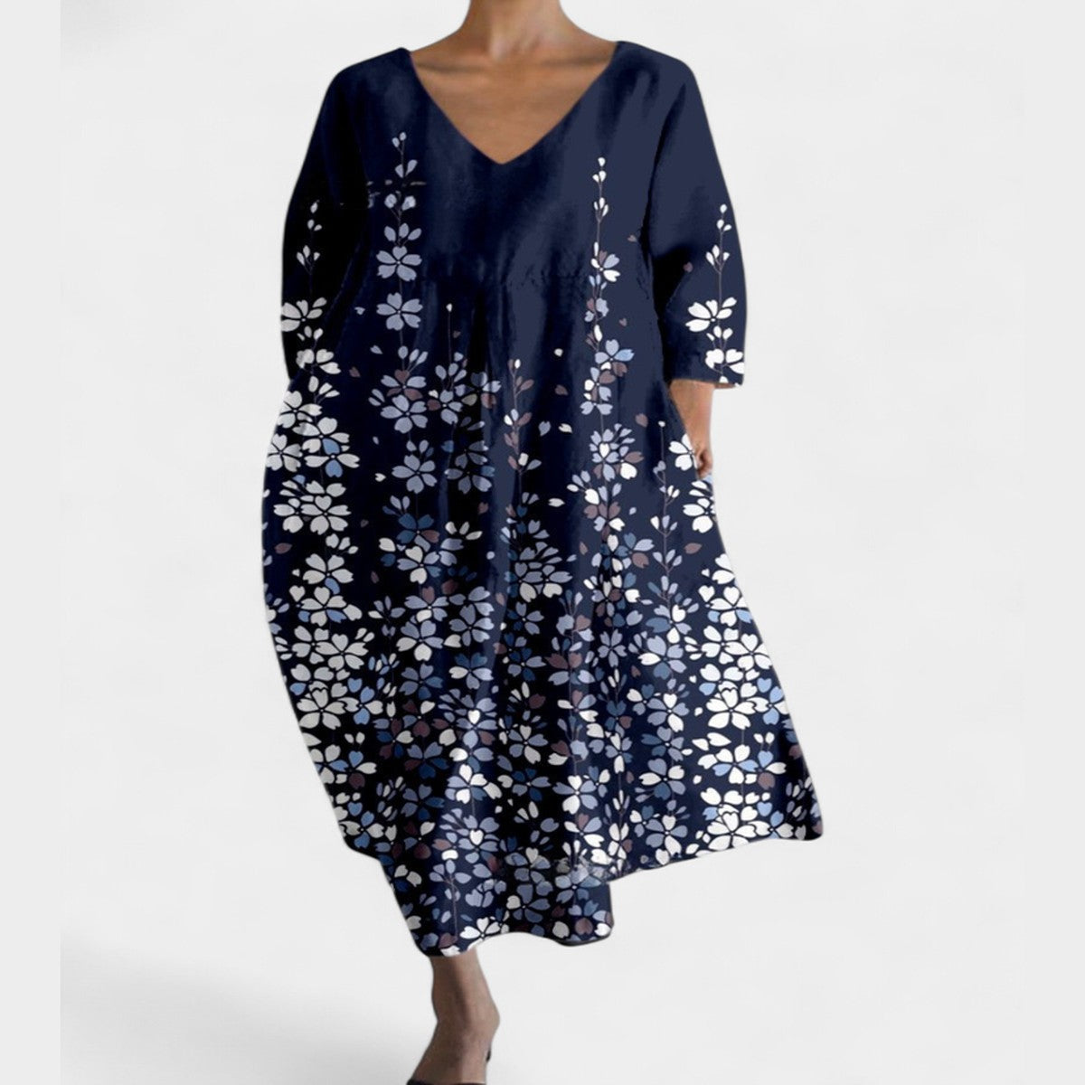 Long Sleeve Bohemian Maxi Dress with Floral Print and Deep V Neck