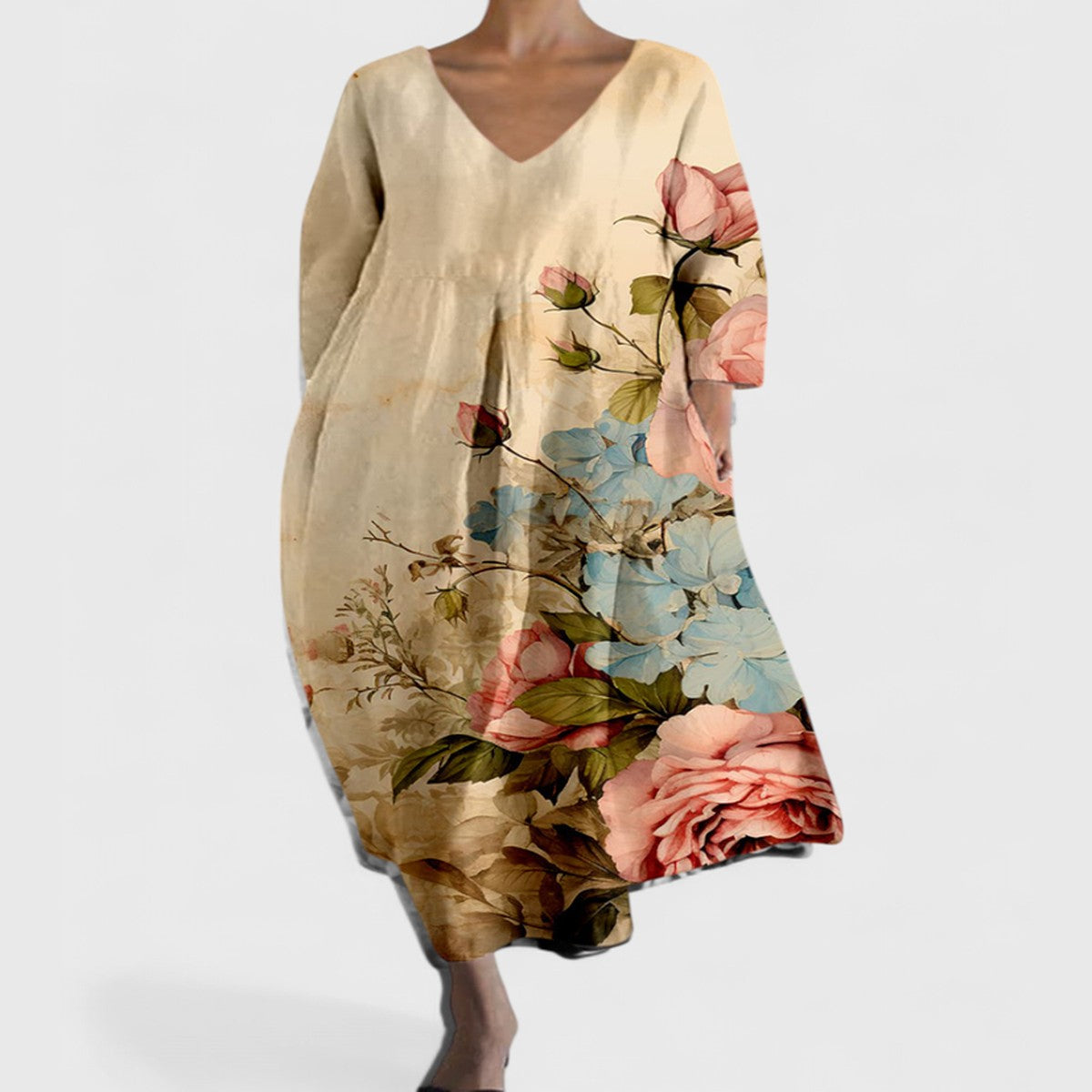 Long Sleeve Bohemian Maxi Dress with Floral Print and Deep V Neck