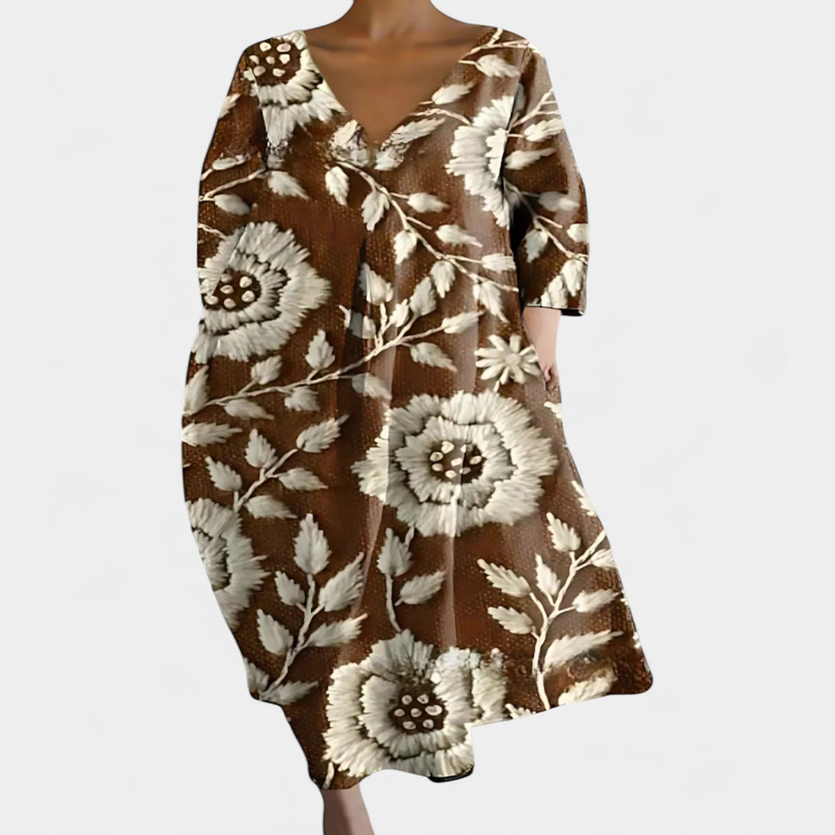 Long Sleeve Bohemian Maxi Dress with Floral Print and Deep V Neck