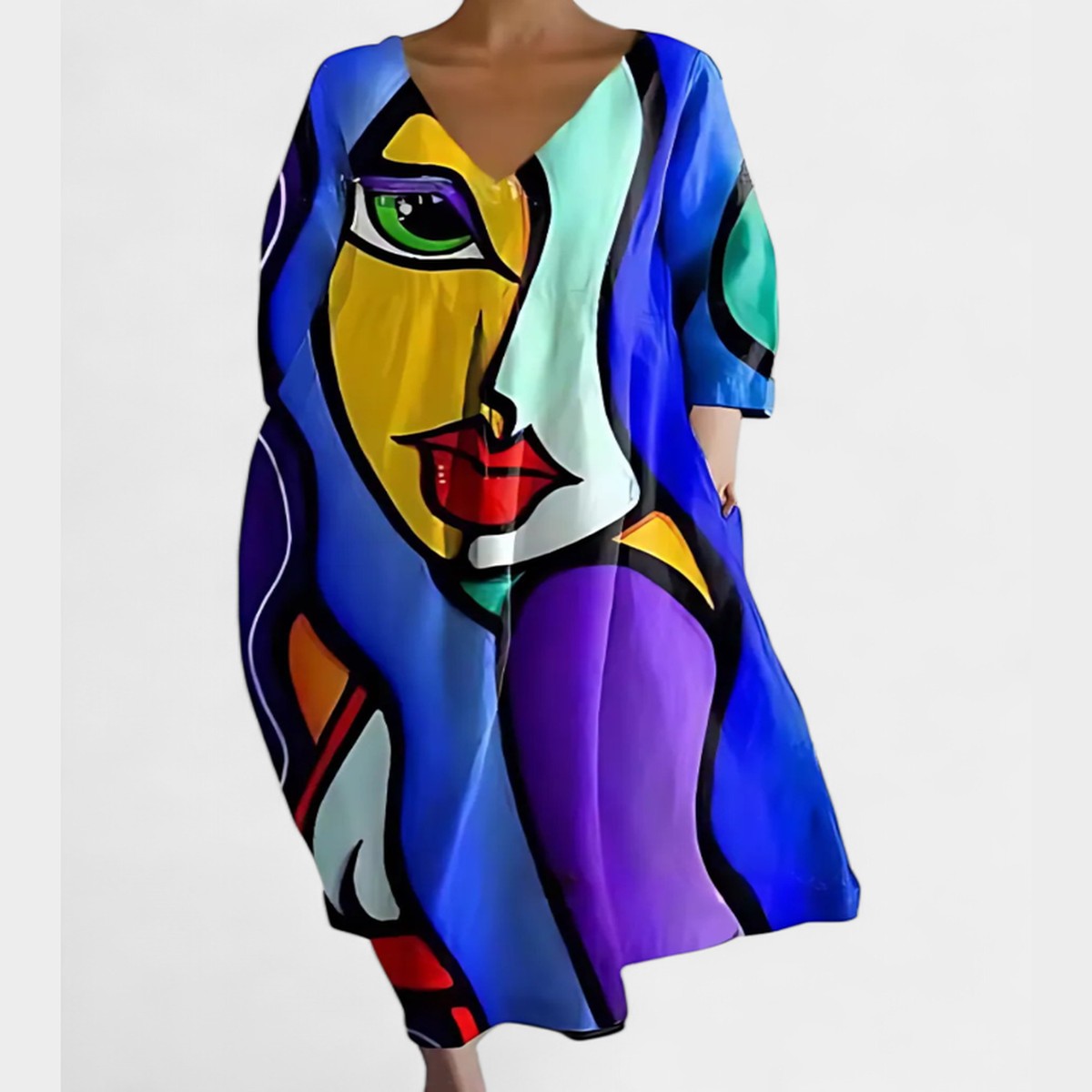 Long Sleeve Bohemian Maxi Dress with Floral Print and Deep V Neck