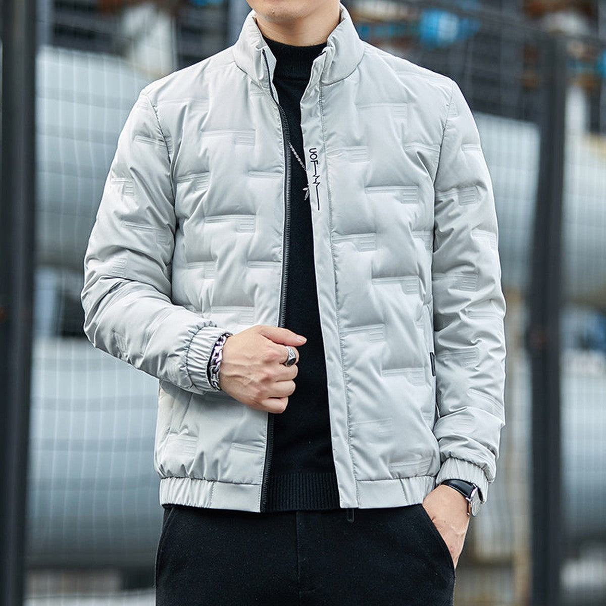 Men Quilted Lightweight Down Jacket with Stand Collar for Cold Weather Warmth