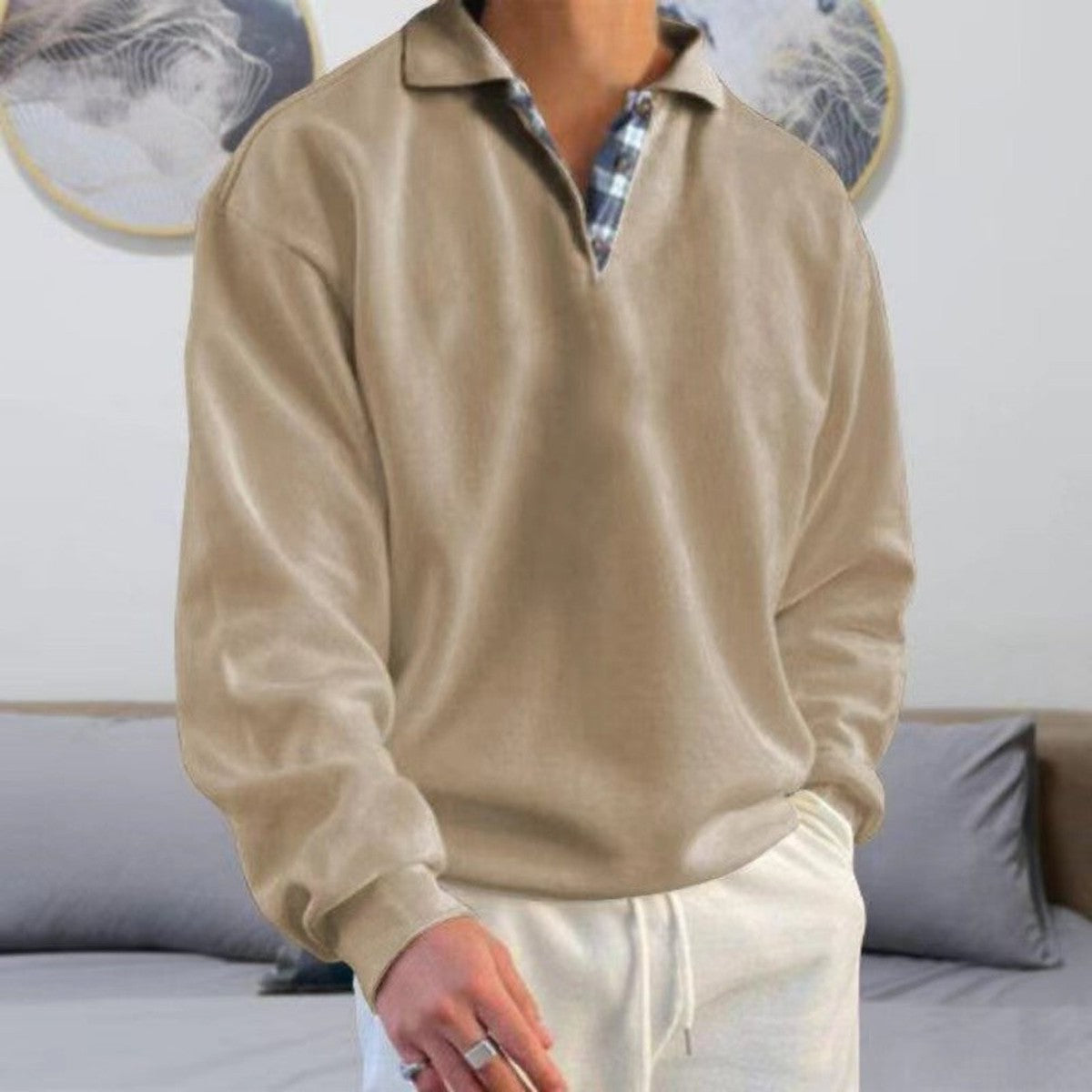 Classic Knitted Long Sleeve Polo Shirt with Ribbed Cuffs and Collar