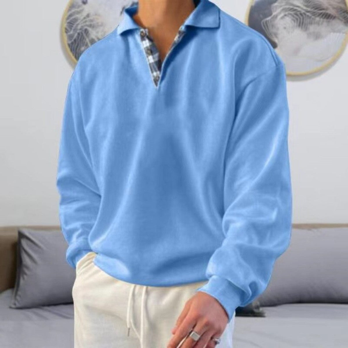 Classic Knitted Long Sleeve Polo Shirt with Ribbed Cuffs and Collar
