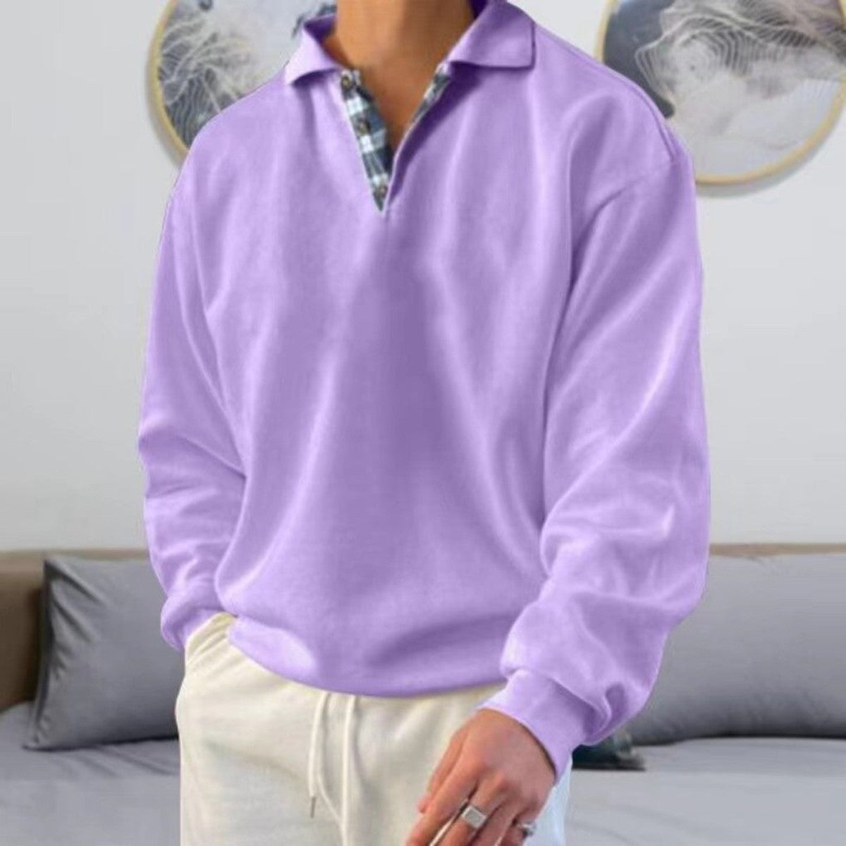 Classic Knitted Long Sleeve Polo Shirt with Ribbed Cuffs and Collar