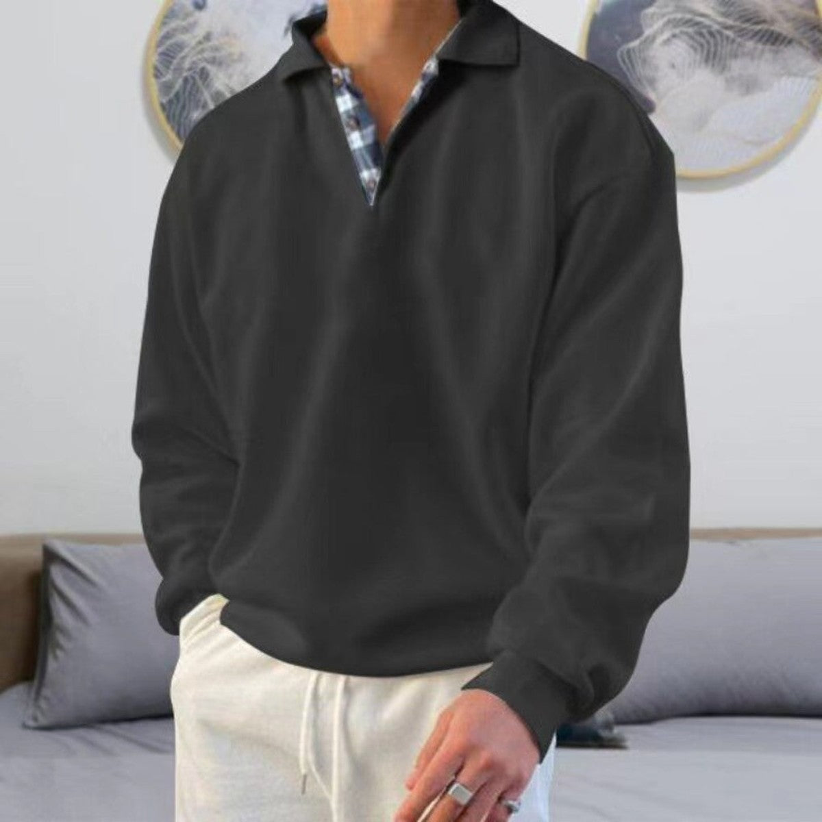 Classic Knitted Long Sleeve Polo Shirt with Ribbed Cuffs and Collar