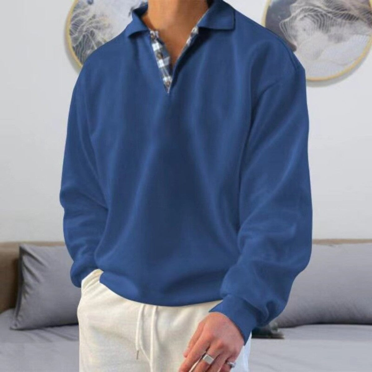 Classic Knitted Long Sleeve Polo Shirt with Ribbed Cuffs and Collar