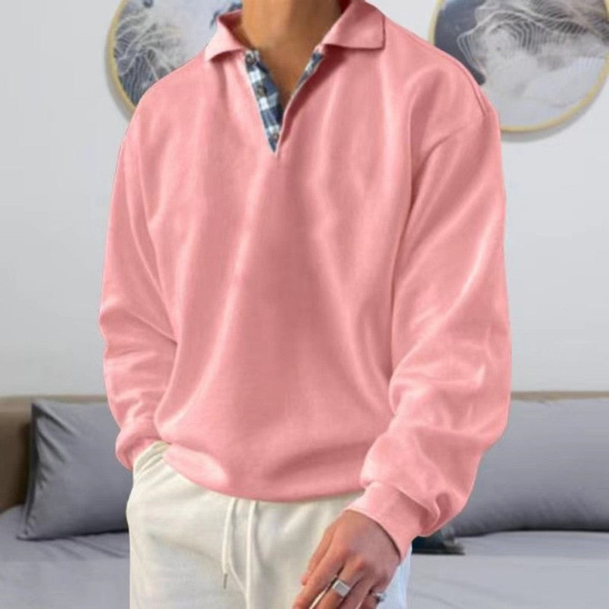 Classic Knitted Long Sleeve Polo Shirt with Ribbed Cuffs and Collar