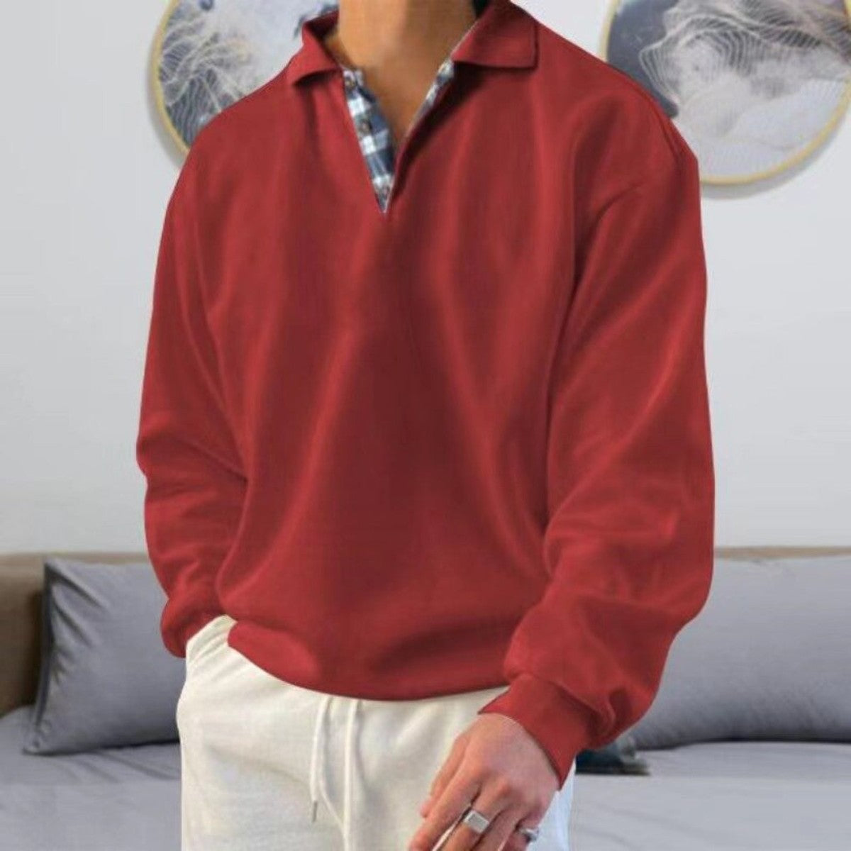 Classic Knitted Long Sleeve Polo Shirt with Ribbed Cuffs and Collar