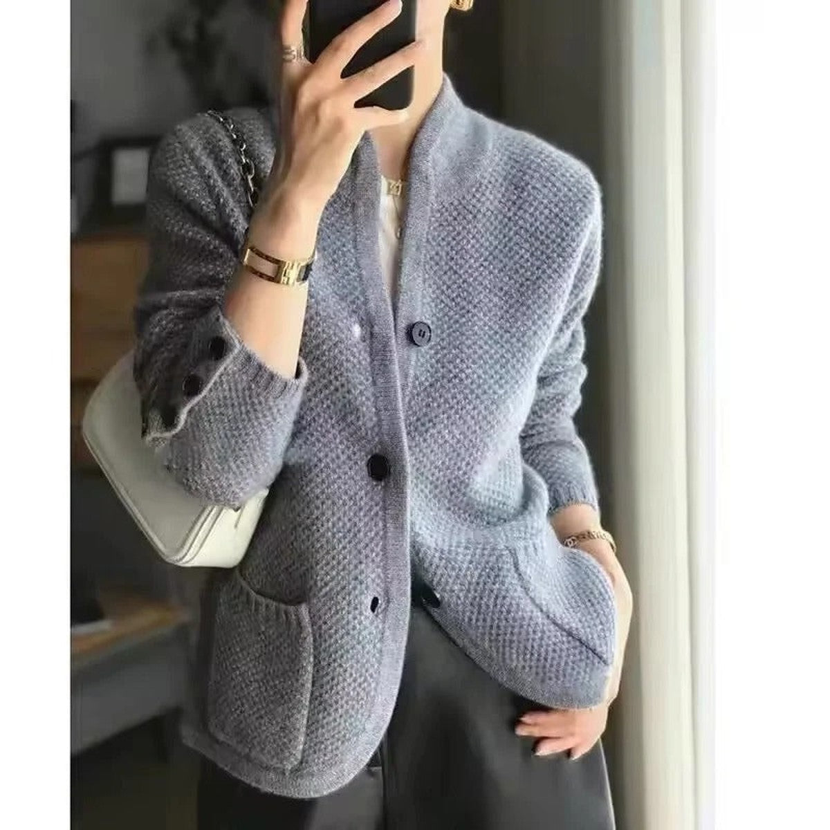 womens Chunky Knit Cardigan Sweater with Button Front and Pockets