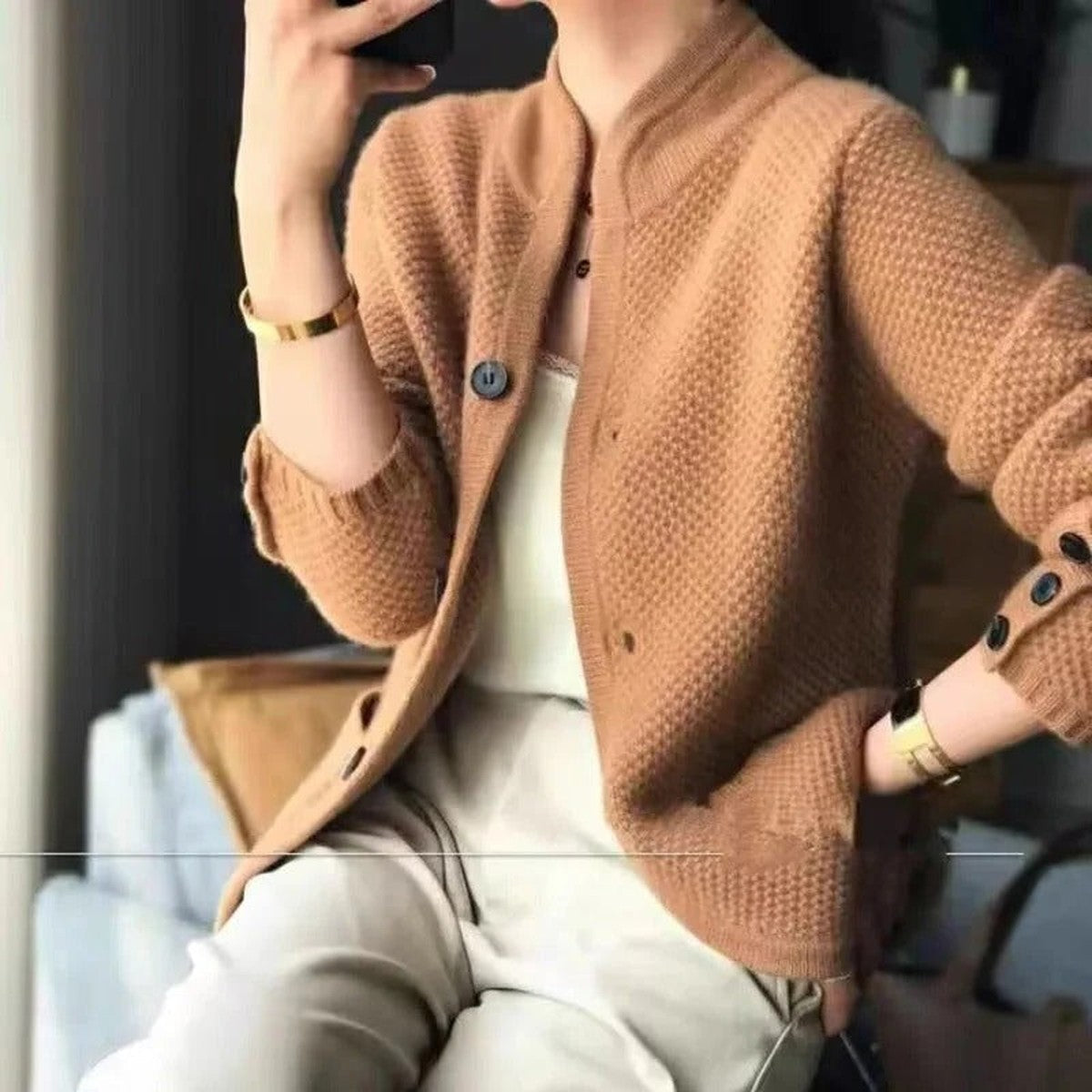 womens Chunky Knit Cardigan Sweater with Button Front and Pockets