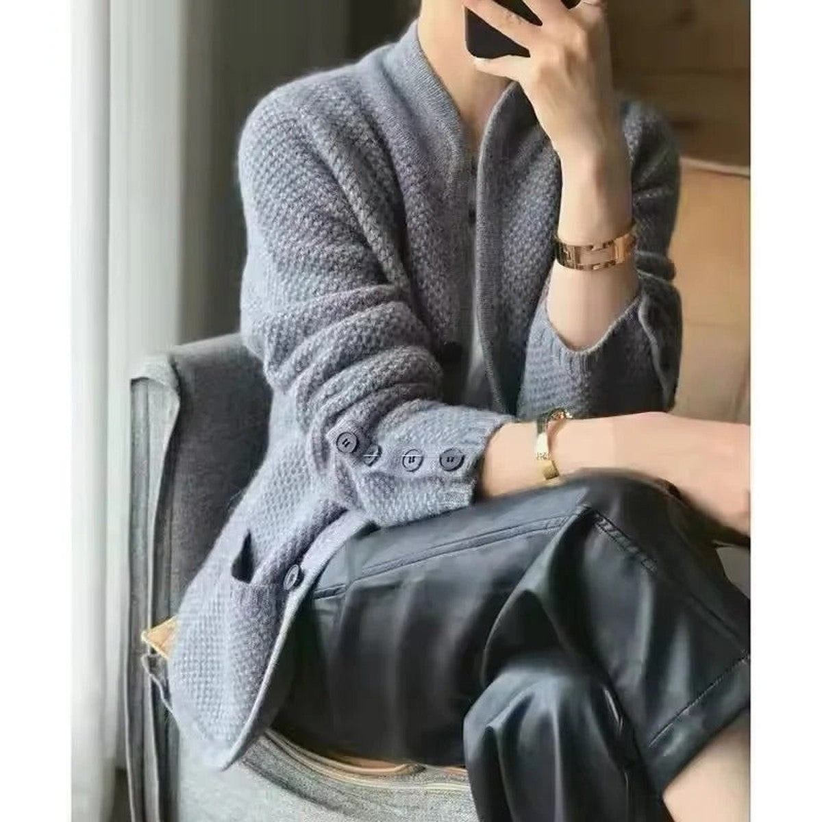 womens Chunky Knit Cardigan Sweater with Button Front and Pockets
