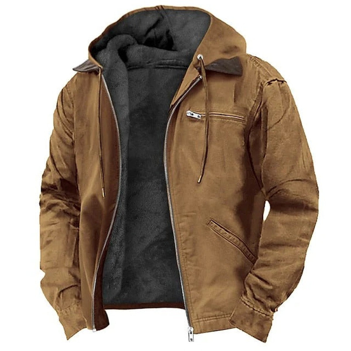 Mens Fleece Lined Puffer Jacket with Detachable Hood for Winter