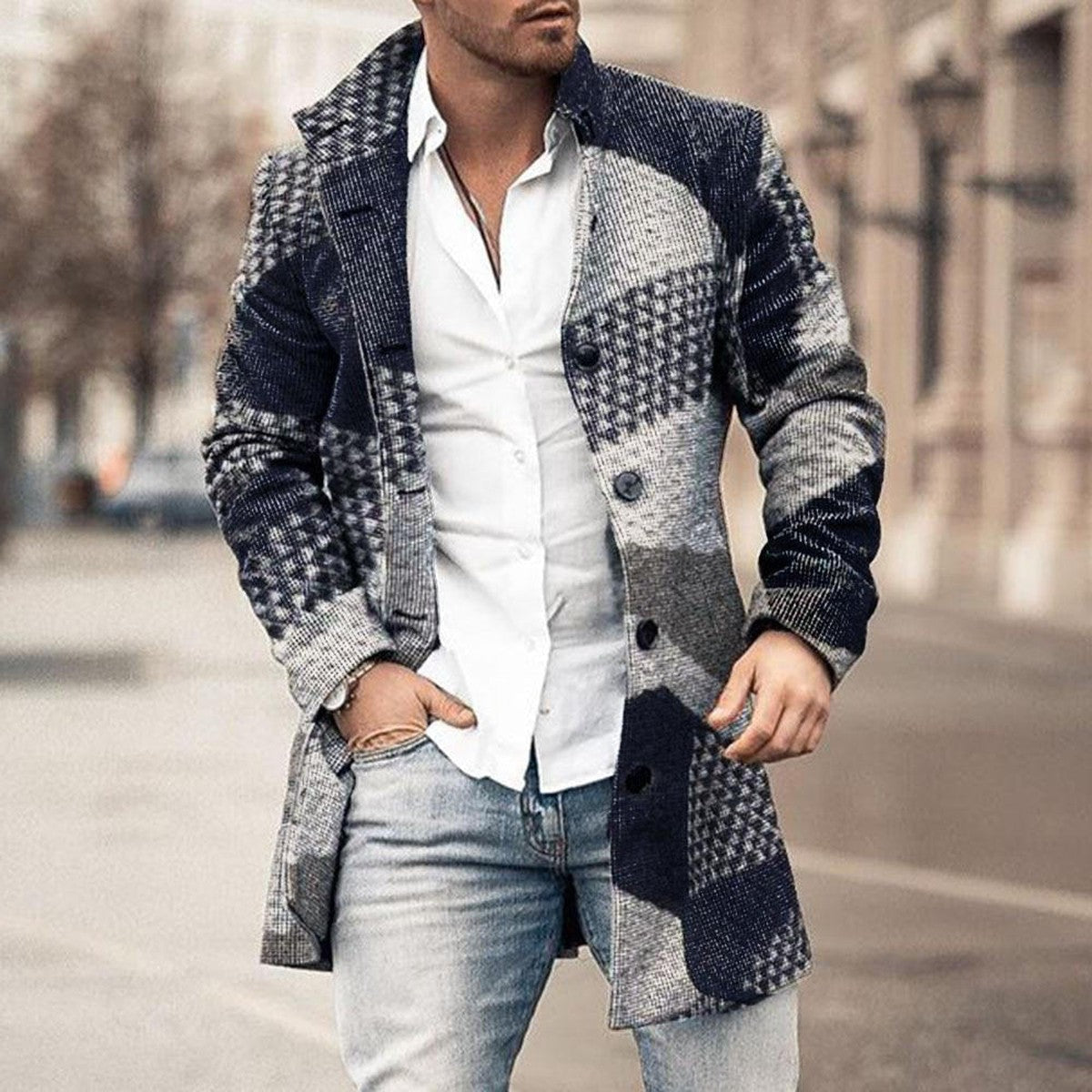 Mens Mid Length Wool Trench Overcoat with Stand Collar and Single Breasted Front