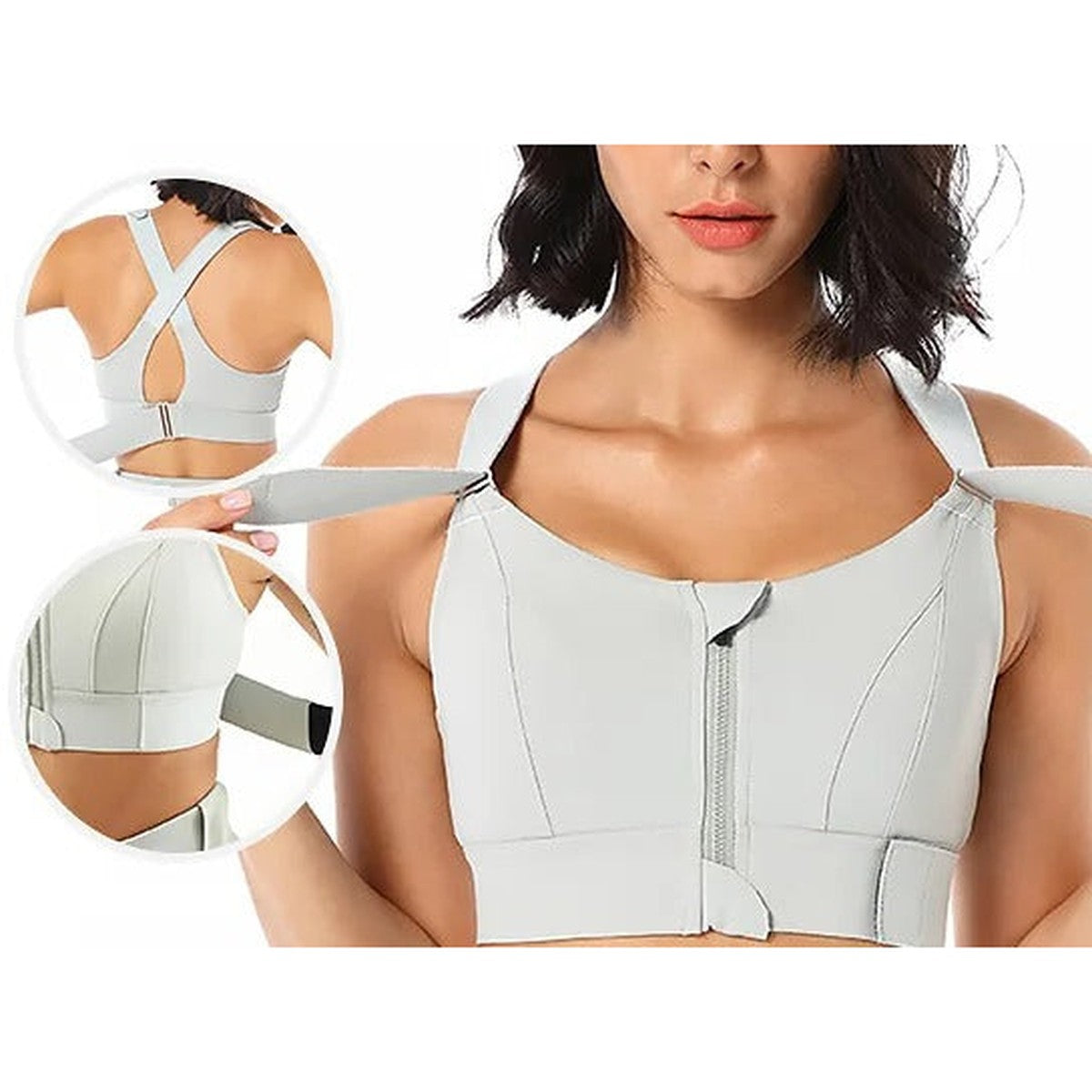 Full Coverage Wireless Sports Bra with Front Zipper and Crisscross Back Support