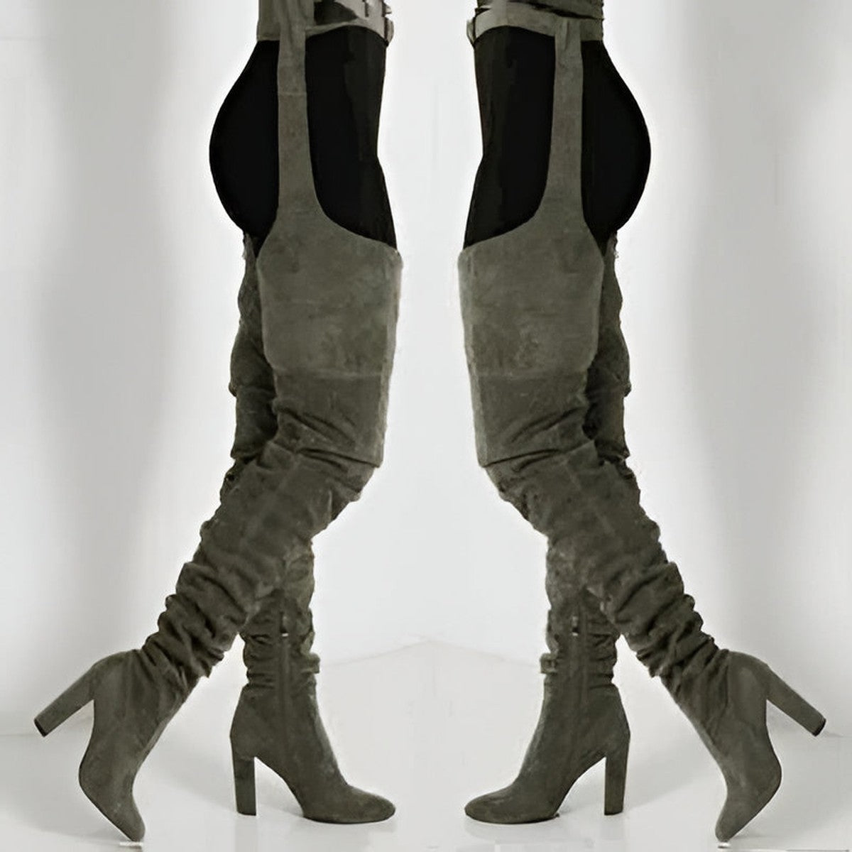 Thigh High Suede Pointed Toe Boots with Attached Adjustable Waist Belt