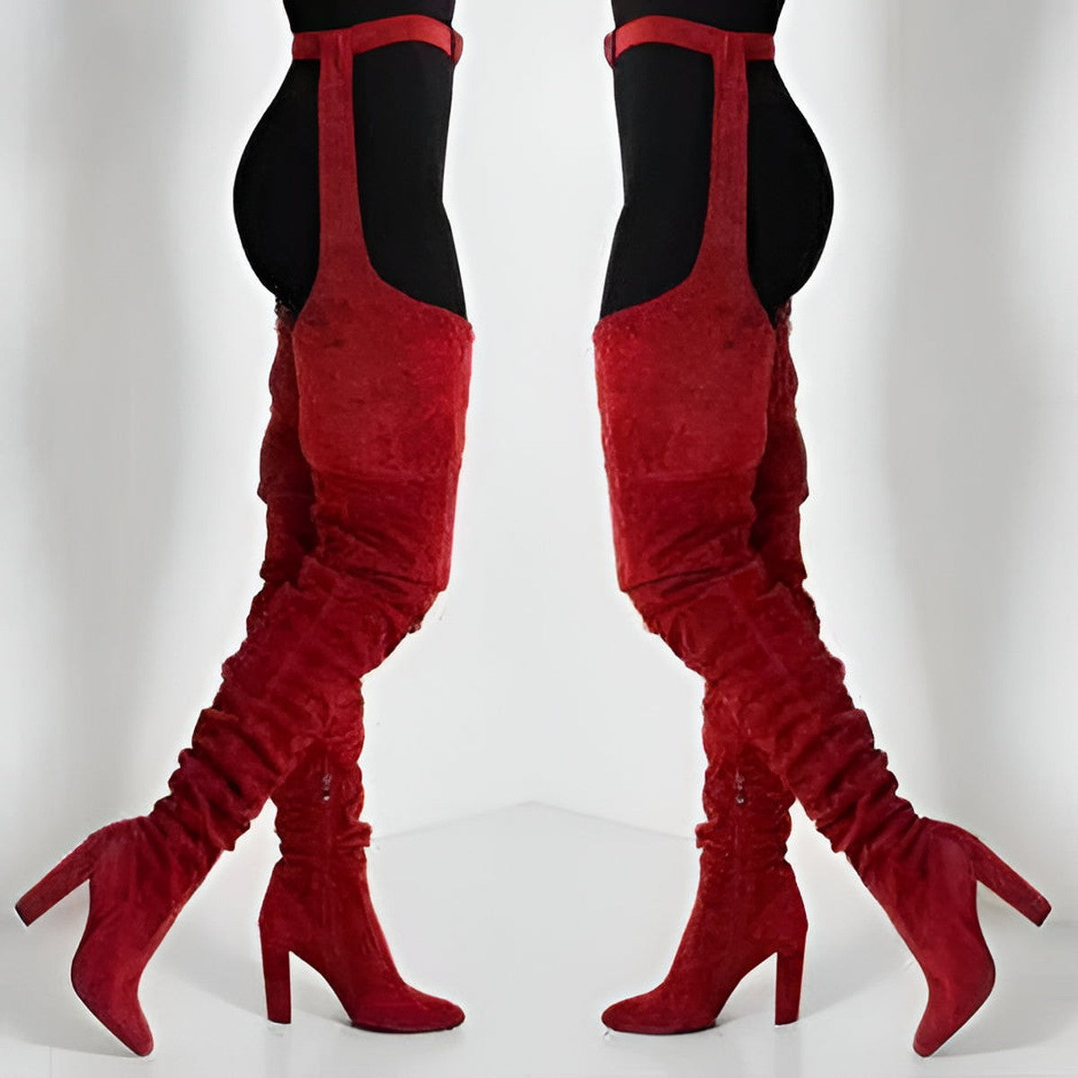 Thigh High Suede Pointed Toe Boots with Attached Adjustable Waist Belt