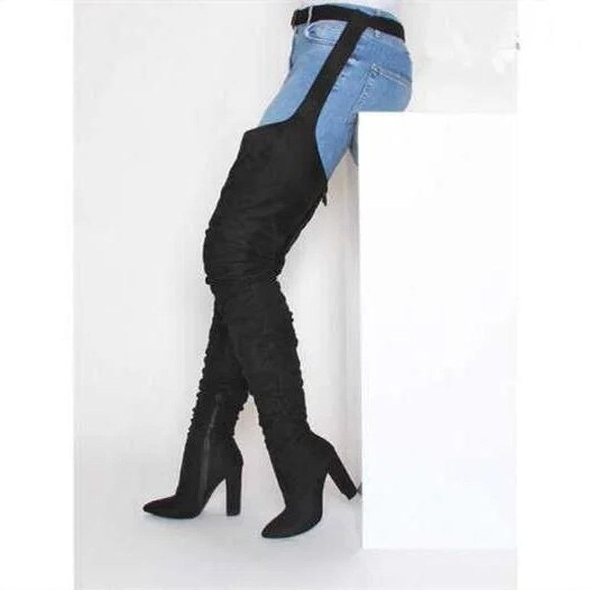 Thigh High Suede Pointed Toe Boots with Attached Adjustable Waist Belt
